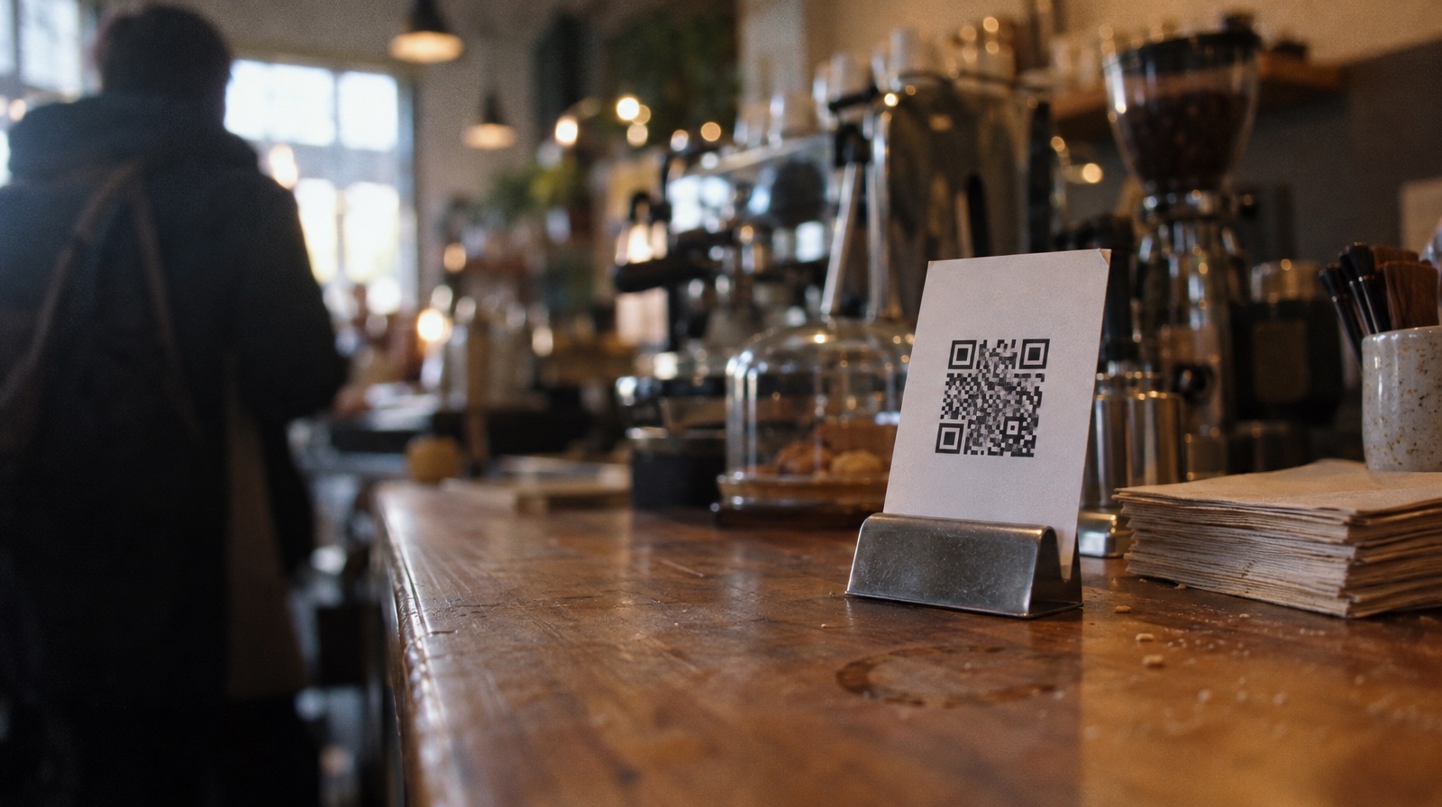 A small QR card standing on the worn wooden counter of a coffee shop in late afternoon light, a customer waiting out of focus behind it.